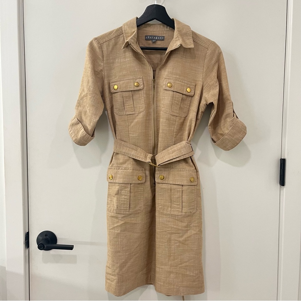 Sharagano Tan Collared Belted Shirt Dress with Cargo Pockets Size 8P Like New